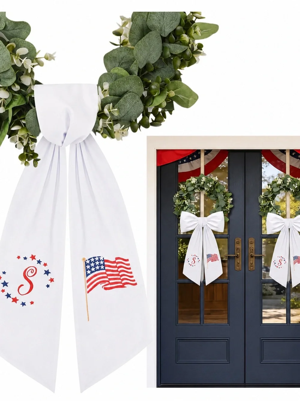 Patriotic White Door Wreath Sash Monogram S Bow with American Flag Design new